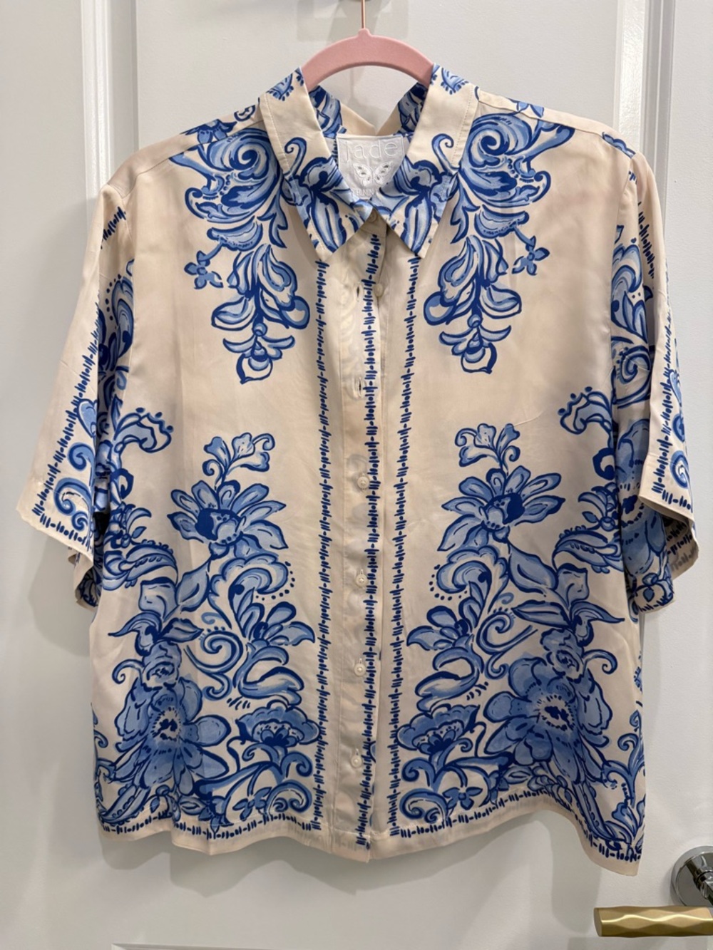 Johnny Was Cream Button-Down Shirt with Blue Floral Print